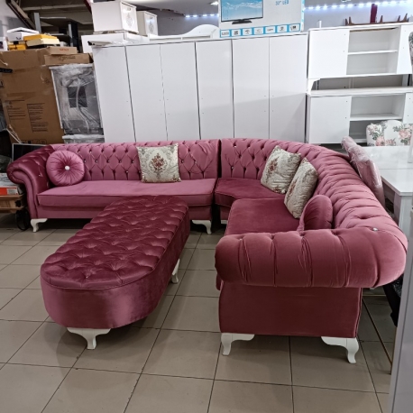 Lüks Kadife Köşe Koltuk Takımı – Gül Kurusu Renk, Klasik Chester Tarz |2.El -Ersoy Ticaret
