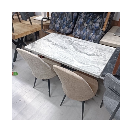 Dikdörtgen Mermer Desenli Kafe Masa Takımı – 4 Adet Modern Sandalye Seti